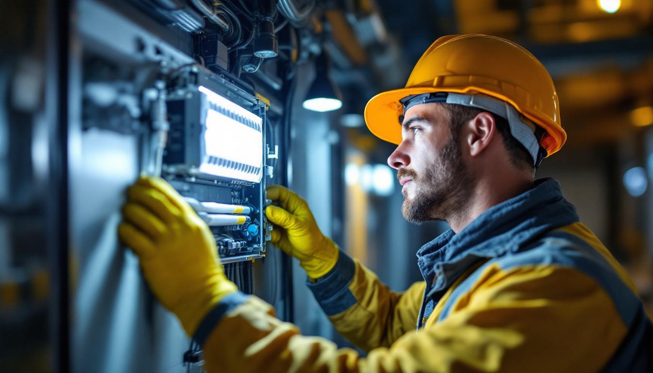 A photograph of a lighting contractor working on installing or replacing an electrical ballast in a commercial or residential setting