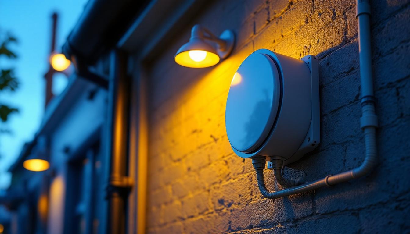 A photograph of capture a photograph of a round exterior electrical box installed on a building facade
