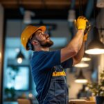 A photograph of a skilled lighting contractor at work