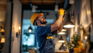 A photograph of a skilled lighting contractor at work