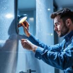 A photograph of a professional lighting contractor installing waterproof recessed lights in a modern bathroom setting