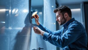 A photograph of a professional lighting contractor installing waterproof recessed lights in a modern bathroom setting