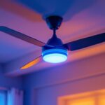A photograph of a stylish ceiling fan with an integrated fan switch