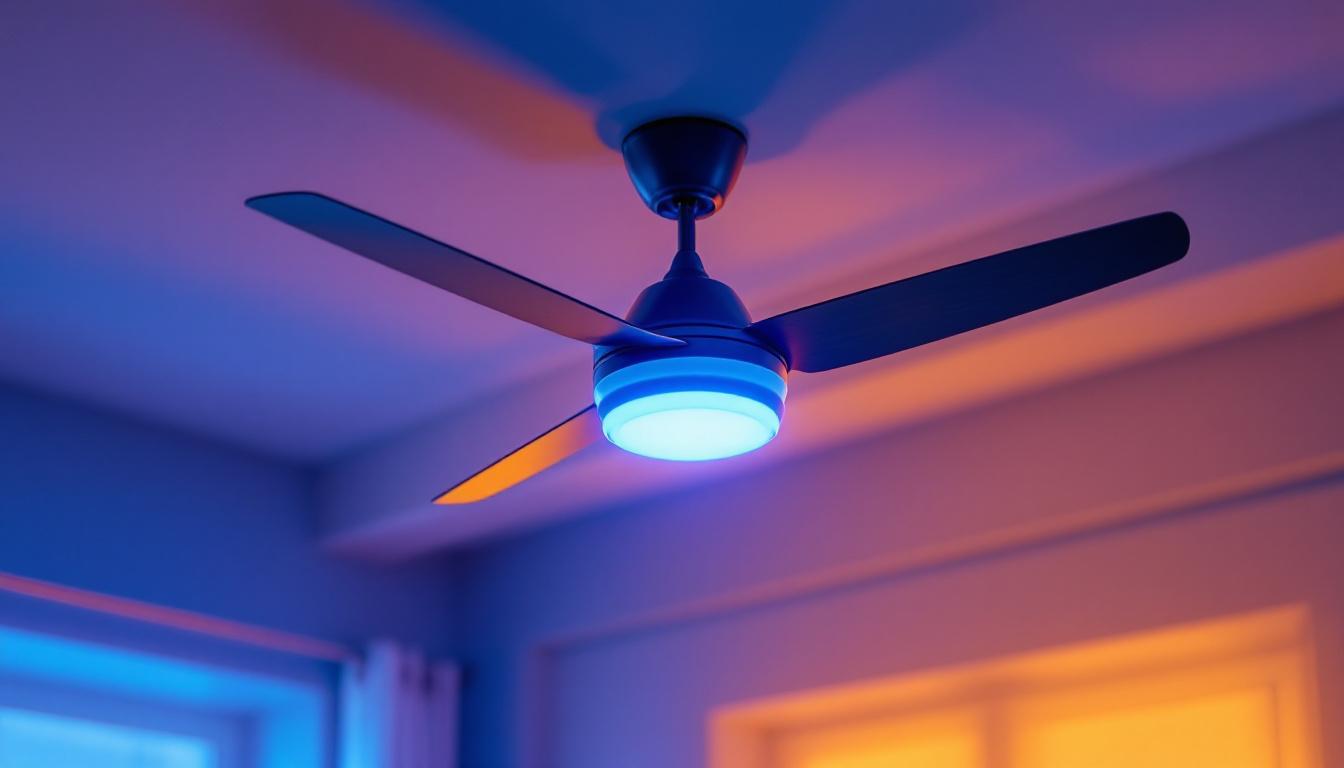 A photograph of a stylish ceiling fan with an integrated fan switch