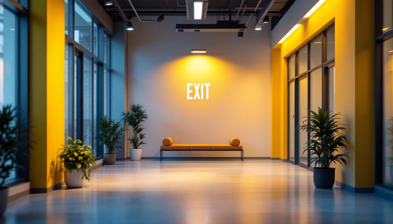 A photograph of a well-lit commercial space featuring a prominent exit sign combo unit