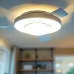A photograph of a well-lit room showcasing a stylish ceiling fan with integrated lighting