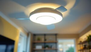 A photograph of a well-lit room showcasing a stylish ceiling fan with integrated lighting