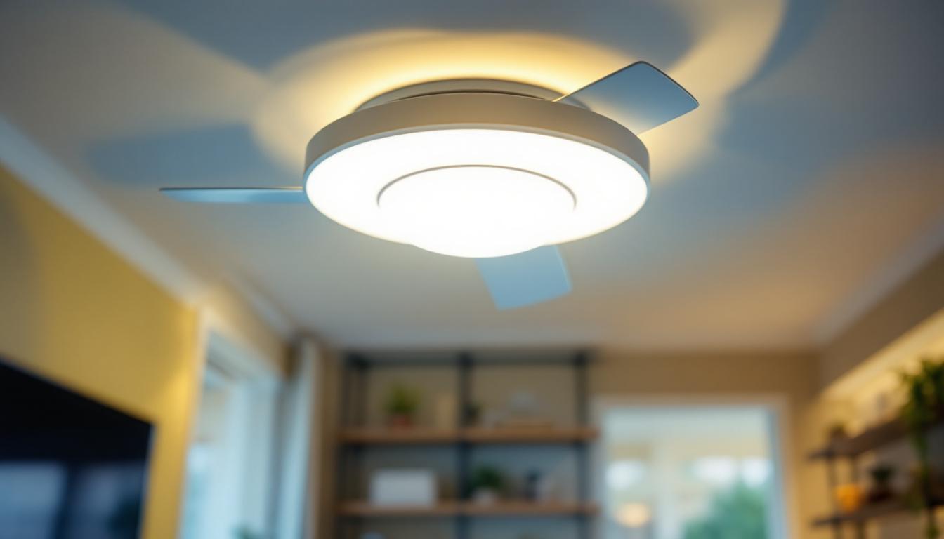 A photograph of a well-lit room showcasing a stylish ceiling fan with integrated lighting