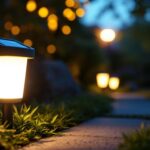 A photograph of a beautifully lit outdoor scene featuring a stylish led solar light illuminating a garden or pathway at dusk