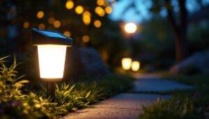 A photograph of a beautifully lit outdoor scene featuring a stylish led solar light illuminating a garden or pathway at dusk