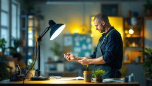 A photograph of a well-lit workspace featuring a type b 25 watt lamp in use