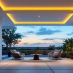 A photograph of a beautifully designed outdoor space featuring recessed ceiling lights in action