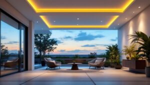 A photograph of a beautifully designed outdoor space featuring recessed ceiling lights in action