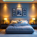 A photograph of a beautifully designed bedroom featuring recessed lighting that highlights the room's decor