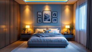 A photograph of a beautifully designed bedroom featuring recessed lighting that highlights the room's decor