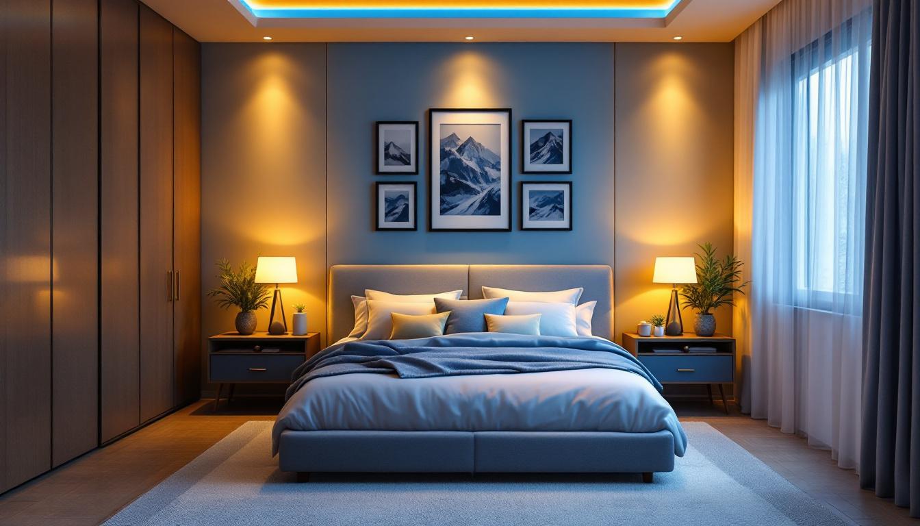 A photograph of a beautifully designed bedroom featuring recessed lighting that highlights the room's decor