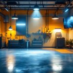 A photograph of a beautifully illuminated garage space showcasing various lighting designs and fixtures