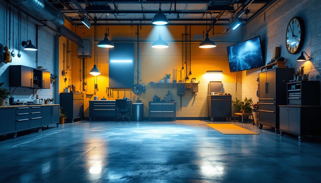 A photograph of a beautifully illuminated garage space showcasing various lighting designs and fixtures