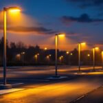 A photograph of a well-lit parking lot at dusk
