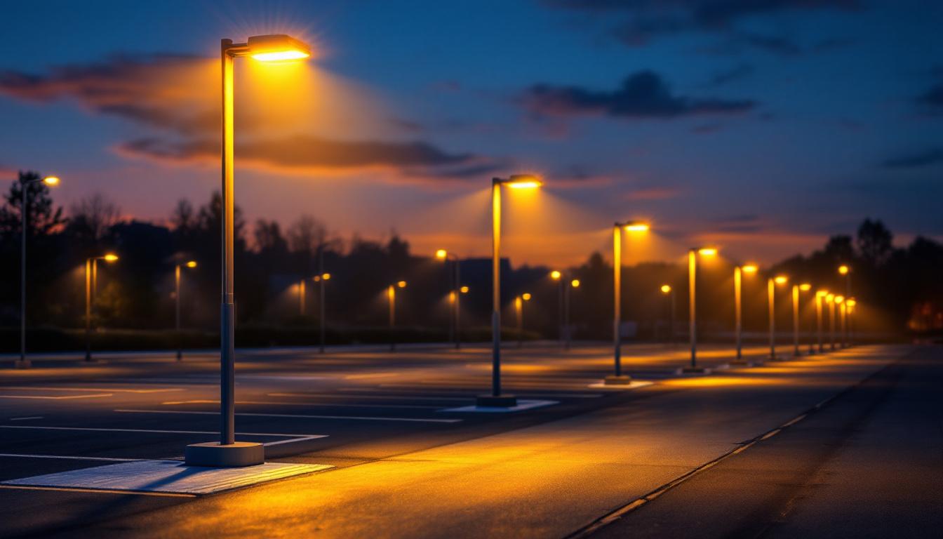 A photograph of a well-lit parking lot at dusk
