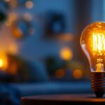 A photograph of a type a light bulb illuminated in a cozy