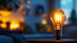 A photograph of a type a light bulb illuminated in a cozy