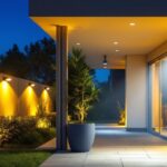 A photograph of a beautifully illuminated outdoor space featuring modern flood lights