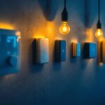 A photograph of a modern lighting installation featuring various sensor switches in action