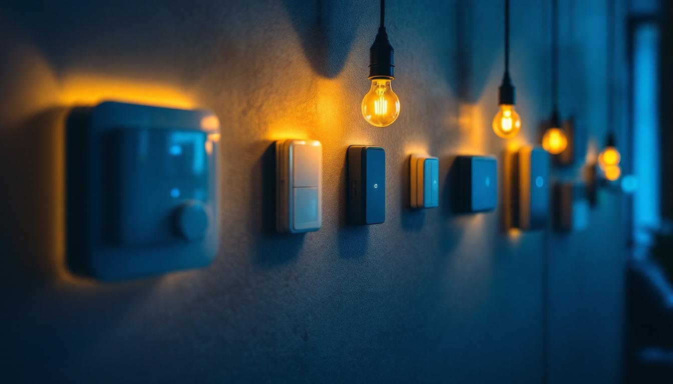 A photograph of a modern lighting installation featuring various sensor switches in action