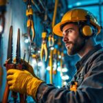 A photograph of a skilled electrician using a variety of pulling wire tools in an active lighting installation