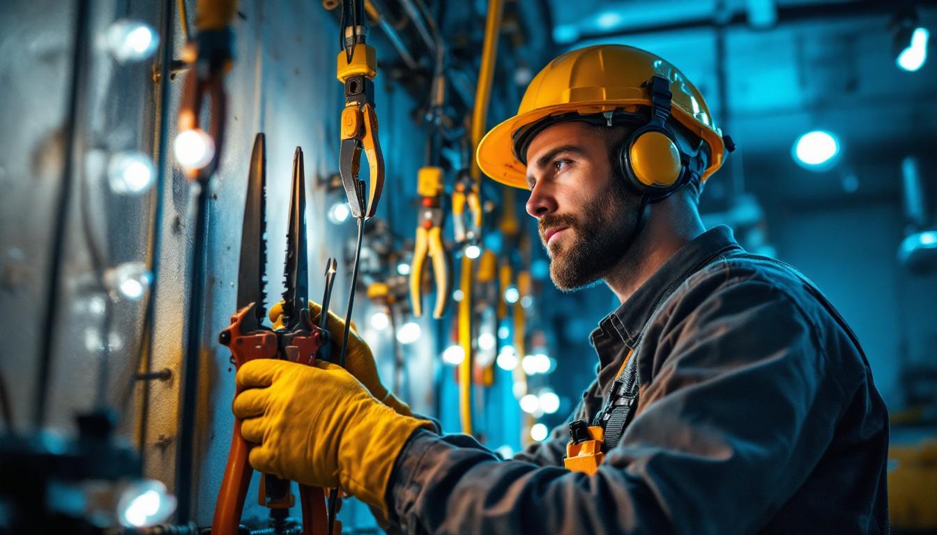 A photograph of a skilled electrician using a variety of pulling wire tools in an active lighting installation