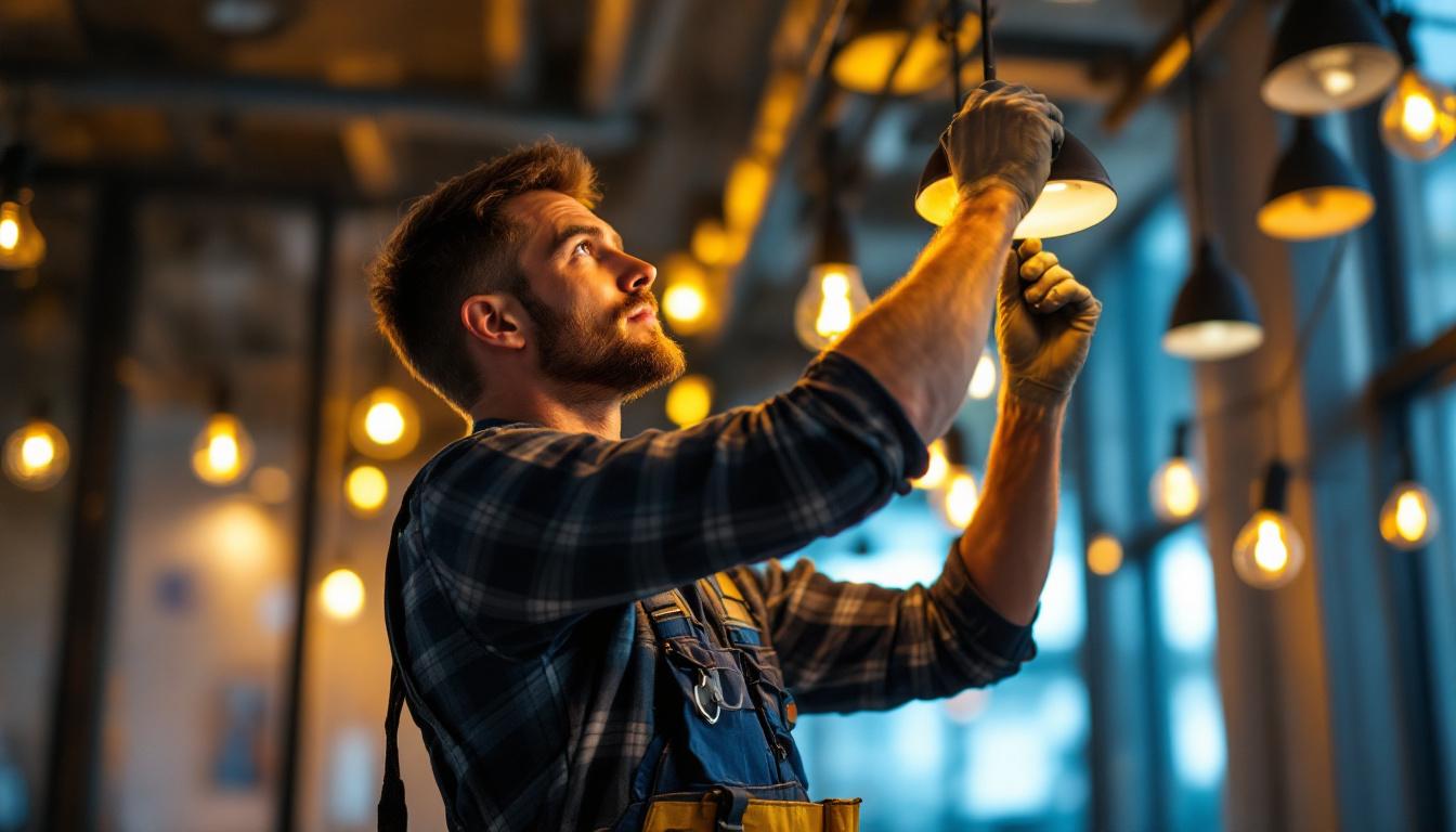 A photograph of a lighting contractor at work