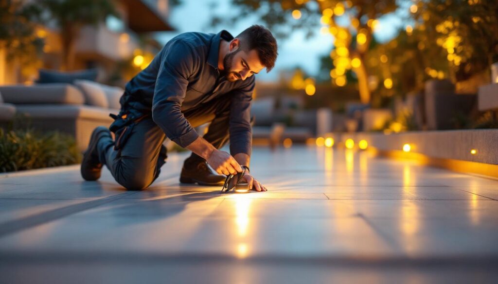 A photograph of a skilled lighting contractor expertly installing or adjusting various types of foot lighting in a stylish outdoor setting