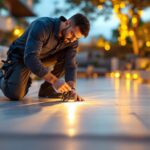 A photograph of a skilled lighting contractor expertly installing or adjusting various types of foot lighting in a stylish outdoor setting
