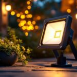 A photograph of a beautifully illuminated outdoor space showcasing a stylish flood lamp in use