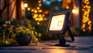 A photograph of a beautifully illuminated outdoor space showcasing a stylish flood lamp in use