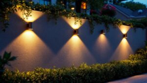 A photograph of a beautifully lit outdoor wall featuring various styles of wall-mounted lighting fixtures in a serene evening setting