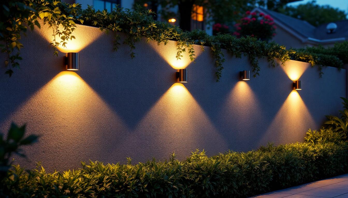 A photograph of a beautifully lit outdoor wall featuring various styles of wall-mounted lighting fixtures in a serene evening setting