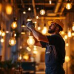 A photograph of a skilled lighting contractor at work