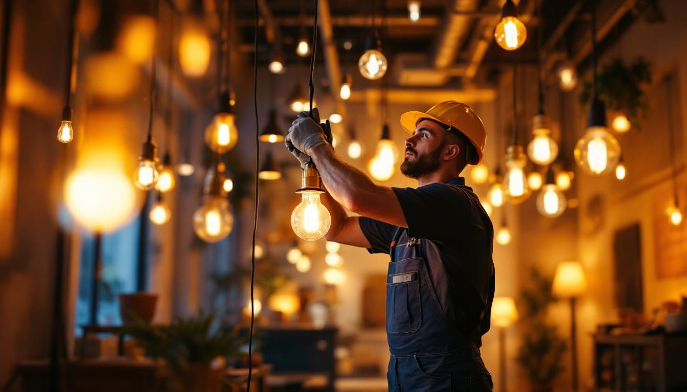 A photograph of a skilled lighting contractor at work