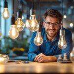 A photograph of a lighting contractor installing or showcasing an array of uniquely shaped light bulbs in a modern workspace