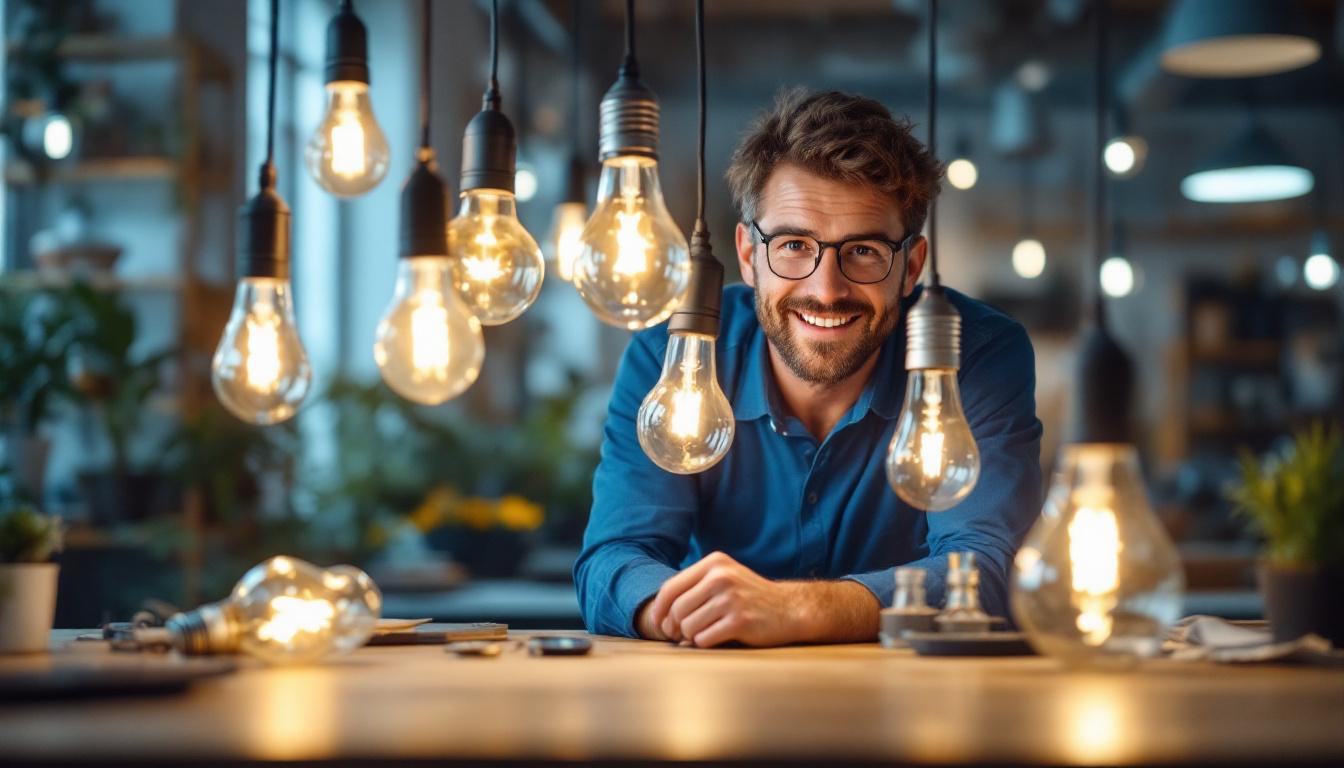 A photograph of a lighting contractor installing or showcasing an array of uniquely shaped light bulbs in a modern workspace