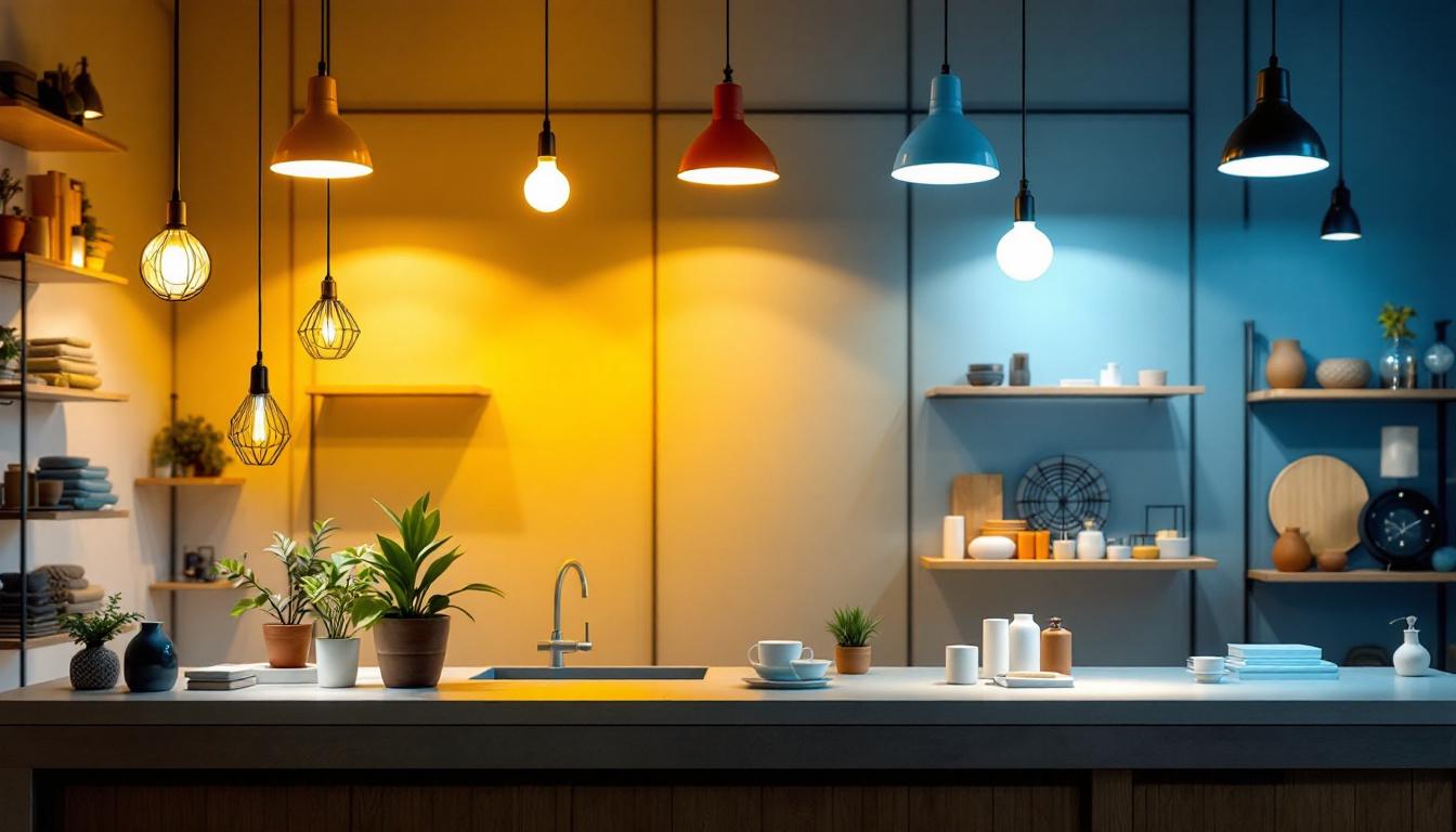 A photograph of a well-lit retail space showcasing various lighting options
