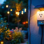 A photograph of a solar-powered outdoor electrical outlet installed in a beautifully landscaped garden