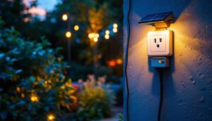 A photograph of a solar-powered outdoor electrical outlet installed in a beautifully landscaped garden