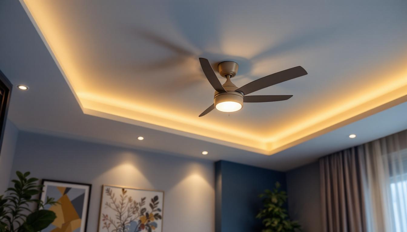 A photograph of a beautifully designed fan ceiling light installed in a stylishly decorated room