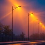 A photograph of a well-lit street scene showcasing various light posts of different heights