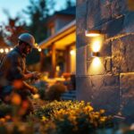 A photograph of a skilled lighting contractor installing exterior recessed can lights in a beautifully landscaped outdoor setting