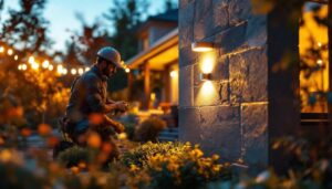 A photograph of a skilled lighting contractor installing exterior recessed can lights in a beautifully landscaped outdoor setting