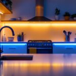 A photograph of a beautifully illuminated kitchen or workspace featuring led undercounter lighting